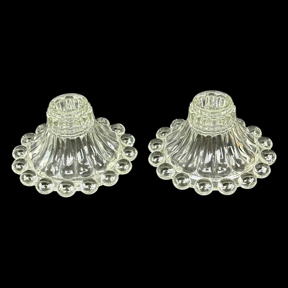 Anchor Hocking Berwick Boopie Clear Glass Beaded‎ Edge 2 Taper Candle Holders